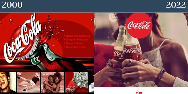Nostalgic websites: Coca Cola. Left features their site from 2000 which is remarkably ahead of its time. The right features the site from 2022. 