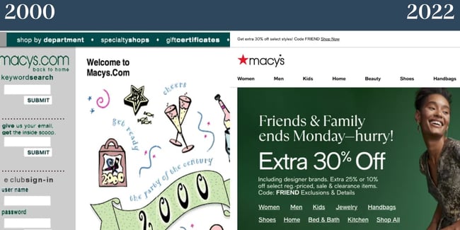 Nostalgic websites: Macy's. Left side shows Macy's from 2000 and the right side shows Macy's in 2022. 
