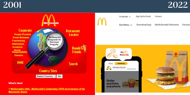  McDonald's. The left image is from 2001 and features a red background and yellow text. The right image is McDonald's present homepage. 