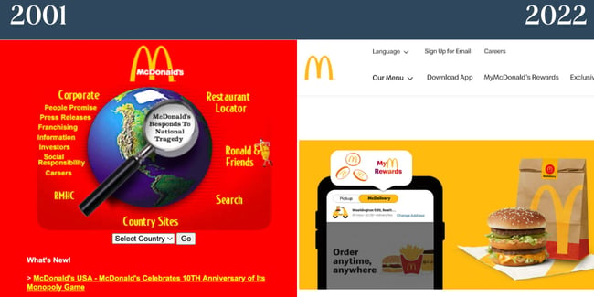 Nostalgic websites: McDonald's. The left image is from 2001 and features a red background and yellow text. The right image is McDonald's present homepage. 