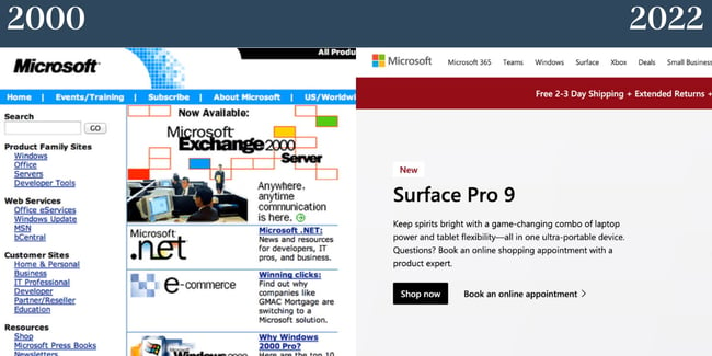 Nostalgic websites: Microsoft's homepage in the 2000s and 2022 are compared. 