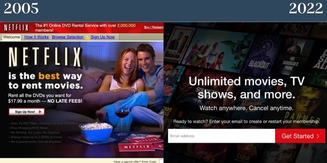 Nostalgic websites: Netflix. On the left is the 2005 homepage and on the right is the 2022 homepage. 