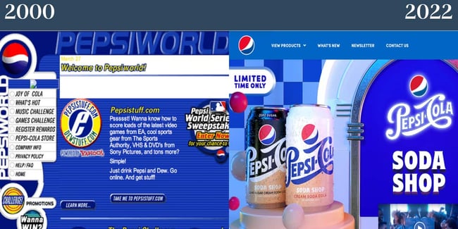 Nostalgic website: Pepsi. Website on the left is from the 2000s, the website on the right is the homepage from 2022. 