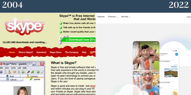 Nostalgic websites: Skype. Left shows the old website homepage and the right side shows the present. 