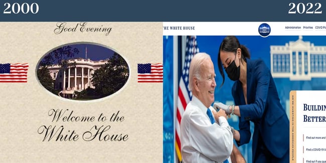 Nostalgic websites: The White House homepage in 2000 compared to 2022. In 2000 you see a picture of the whitehouse itself and in 2022 you see President Biden getting his coronavirus vaccine. 