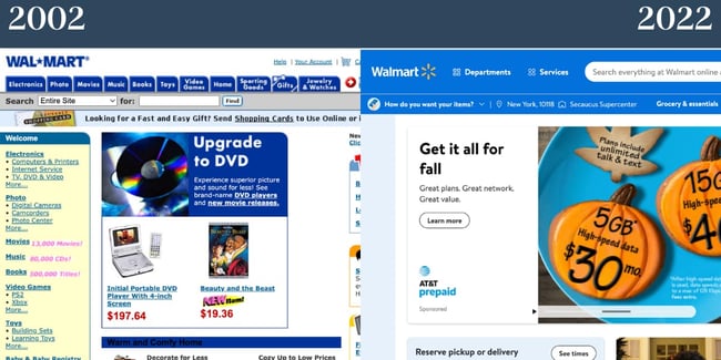 Nostalgic websites: Walmart. The past version of the Walmart website is shown next to its 2022 counterpart. 