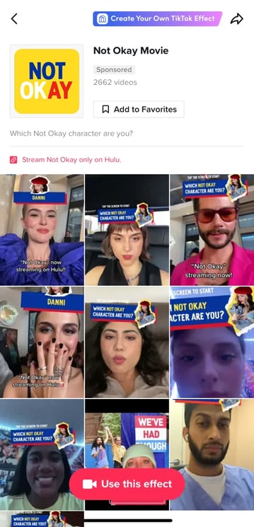 tiktok ads example: branded effect from not okay movie