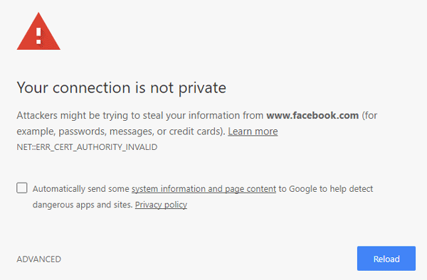 insecure website connection sample alert from google