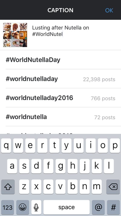 Nutella user showing how to use Instagram hashtag suggestions in a caption