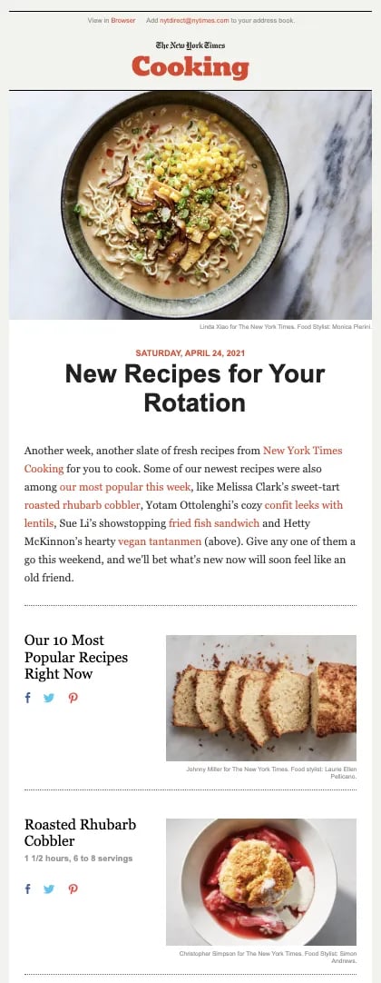 est email newsletter examples, example from NYT cooking.