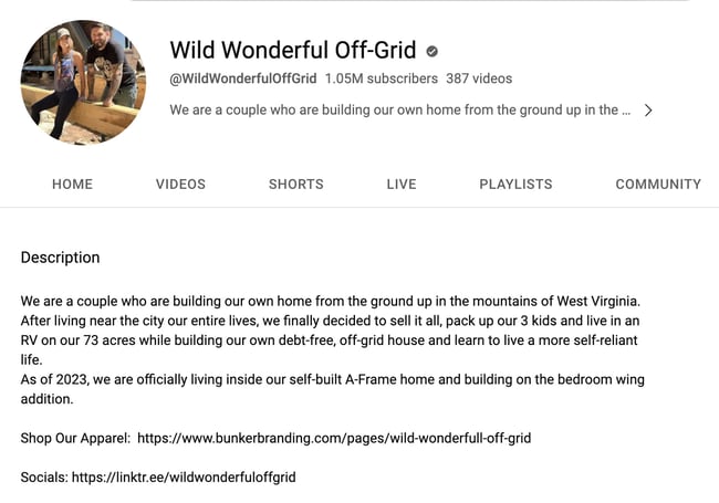 youtube channel description example: wild wonderful off-grid