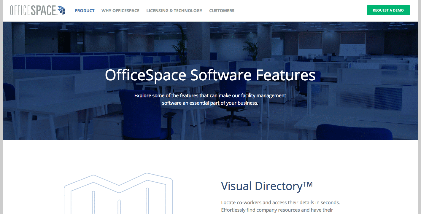 Dark blue OfficeSpace Software product page