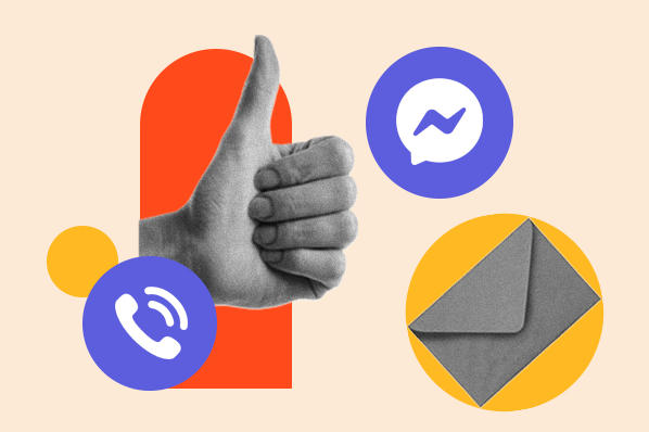 omni-channel experience; thumbs up with messenger, phone, email icons.