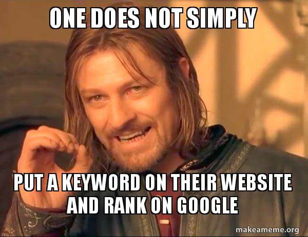 One Does Not Simply meme with caption about SEO and keywords