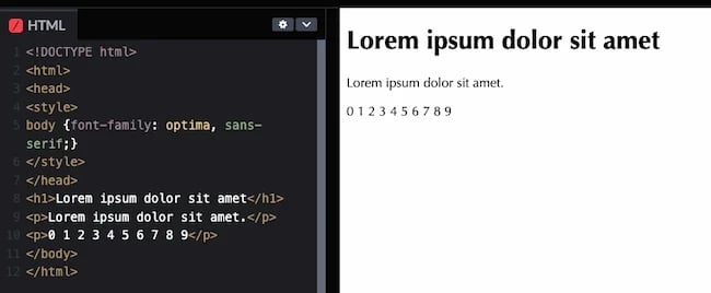 HTML and CSS fonts code example: Optima