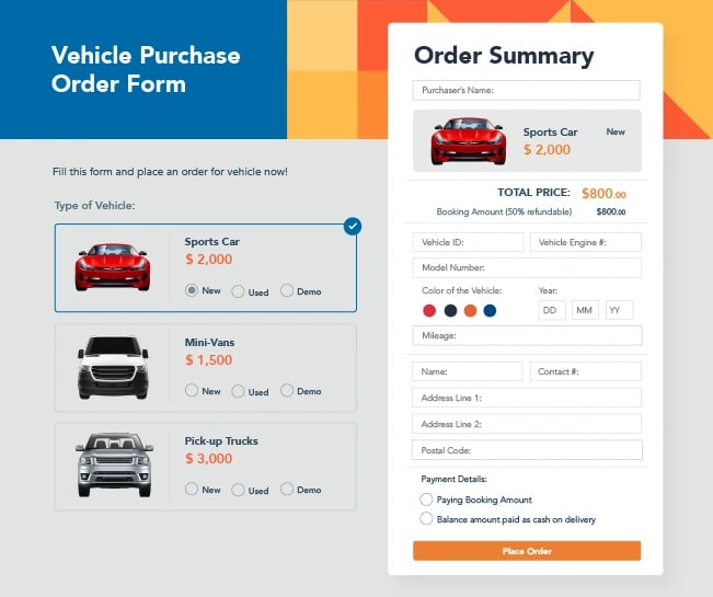 Order Form: vehicle example
