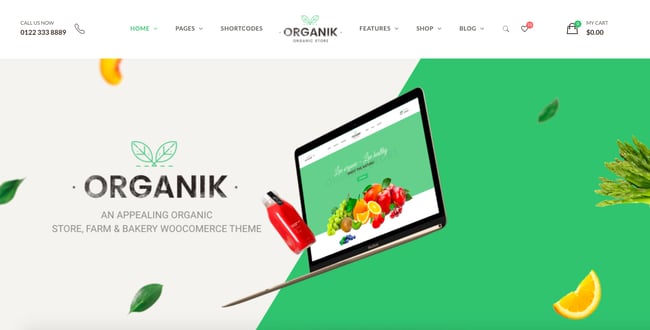 best eco friendly wordpress themes: organik demo with hero banner of animated vegetables
