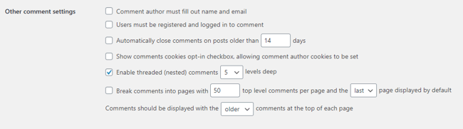 other comment settings in WP dashboard offering some display options for threaded comments and more