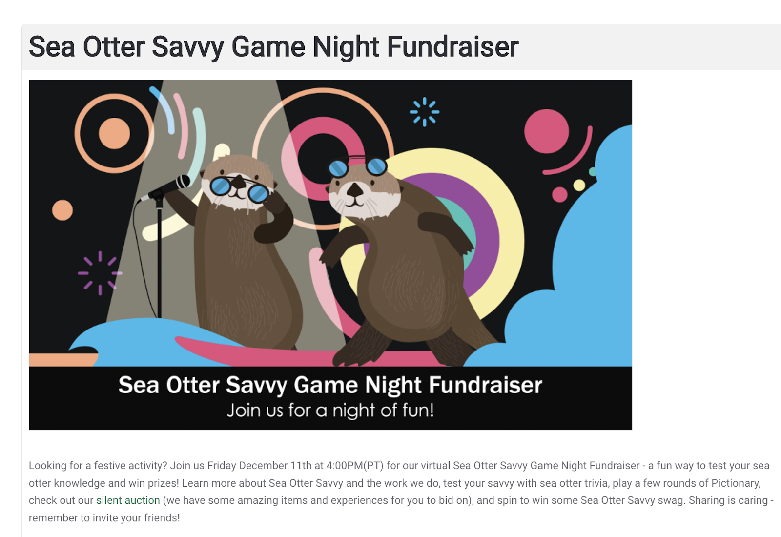 جمع آوری کمک های مالی تعطیلات، Sea Otter Savvy میزبان یک بازی مجازی جمع آوری کمک مالی در شب است