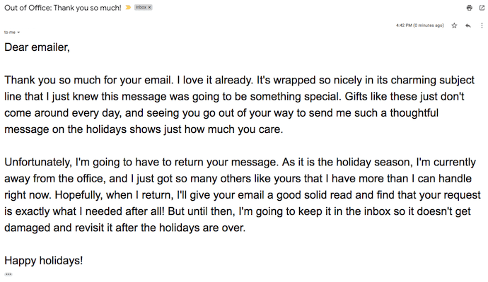 An out of office email written like a holiday thank-you card