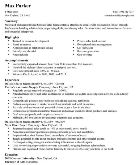 outside sales manager resume example