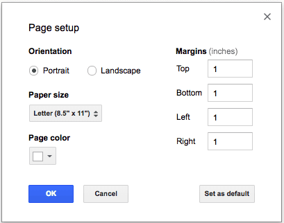 Page setup on a Google Doc