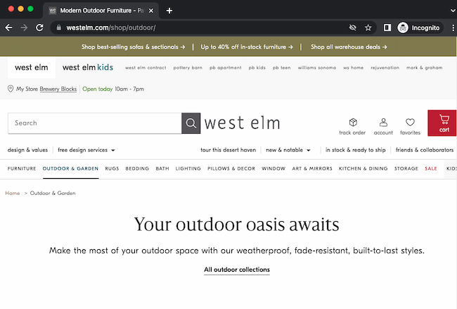 Great page title SEO on this example from West Elm page title reads “Your outdoor oasis awaits” while the title tag reads “Modern Outdoor Furniture” to show the intent of the page.