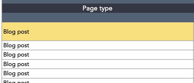 Content audit template example: Page type