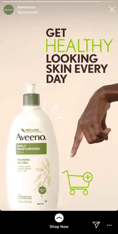 Aveeno helathy looking skin ad with a bottle of aveeno lotion