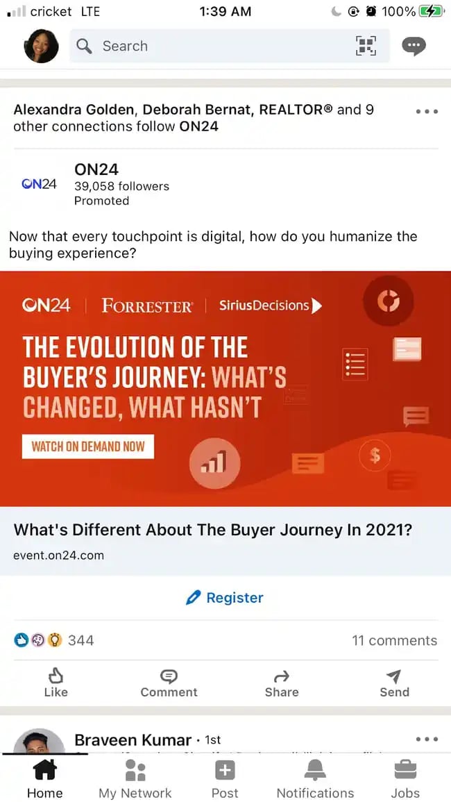 On24 LinkedIn ad about a webinar on the topic of the evolution of the buyers journey