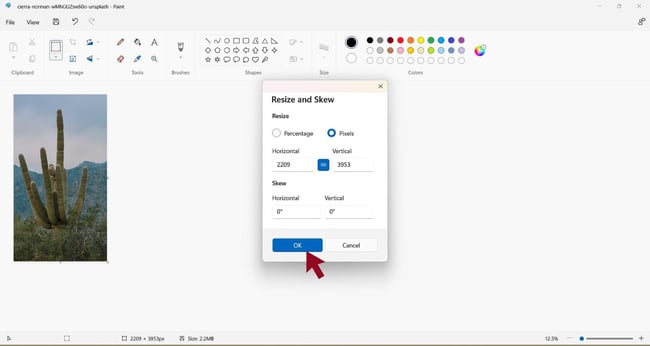 How to resize an image without losing quality in ms paint: click ok