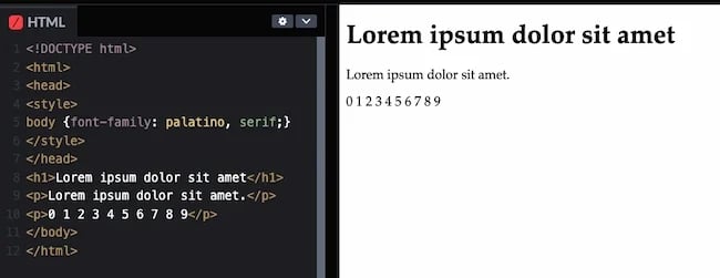 HTML and CSS fonts code example: Palatino