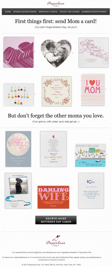 Email Marketing Campaign Example: Paperless Post - "You didn't forget Mother's Day, did you?"