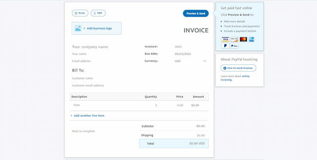 PayPal invoice software template