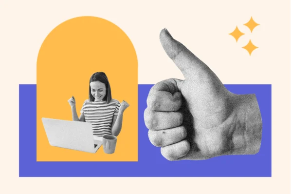 Persuasion techniques graphic with a woman excited by something on her screen and a thumbs up.