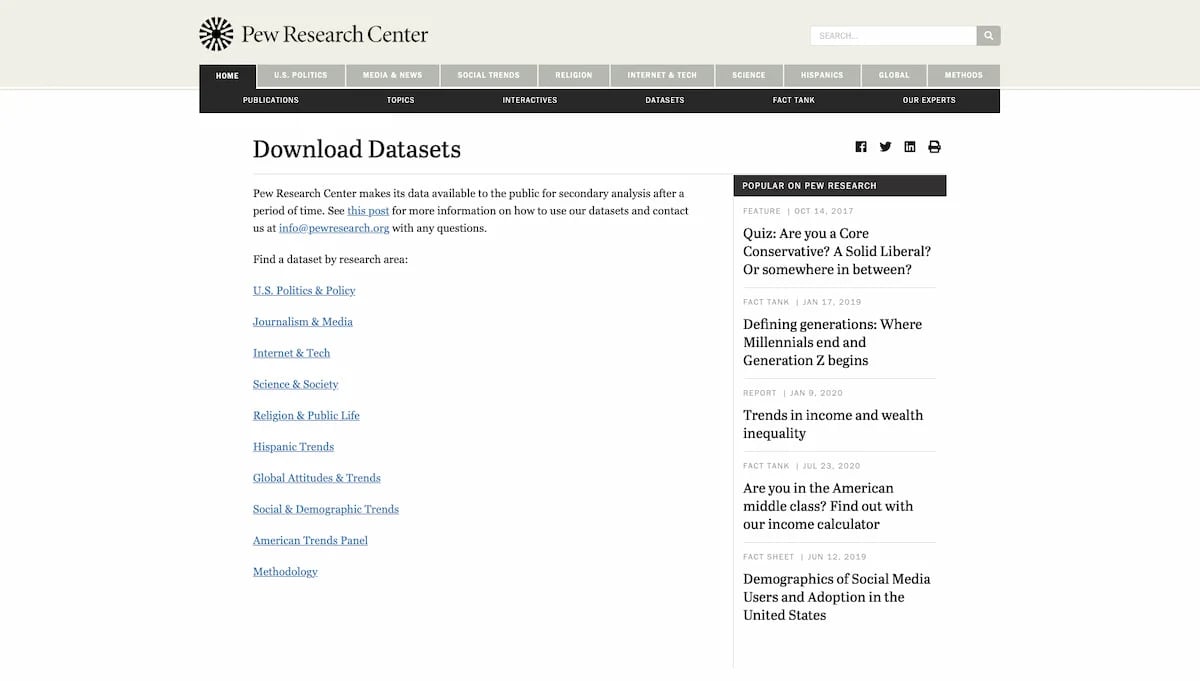 Pew Research Center data sets for market research
