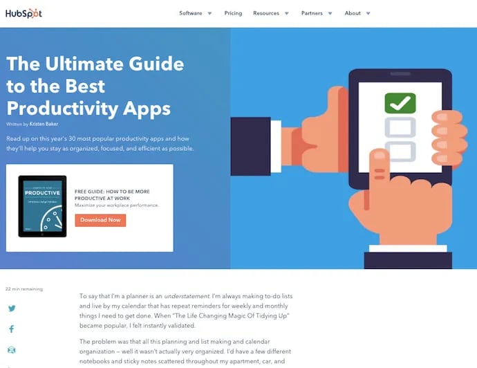HubSpot pillar page on the ultimate guide to productivity apps