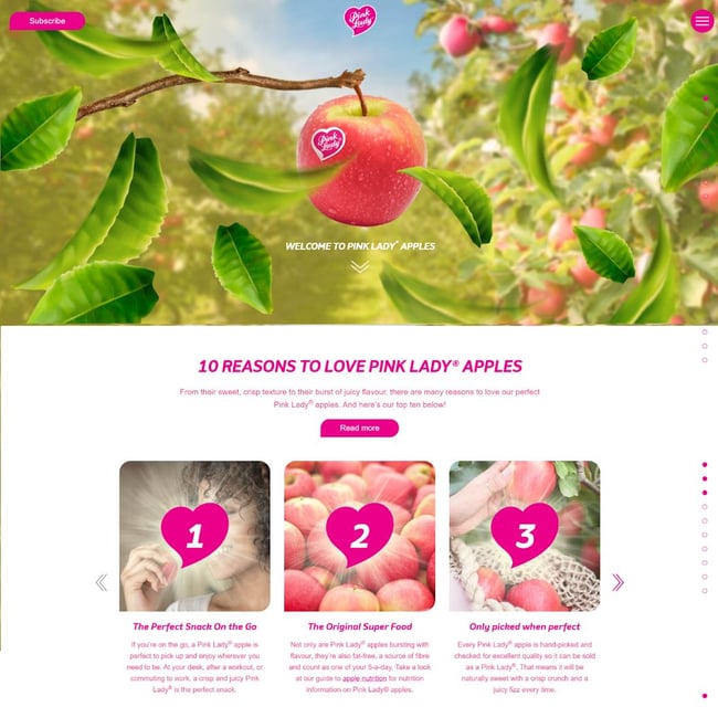 Pink Lady Apples site is an excellent example of how a vibrant pink color design can work.
