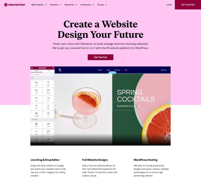 Elementor is a great example of a pink website. The pink is used boldly; the primary color in the hero and as an accent.