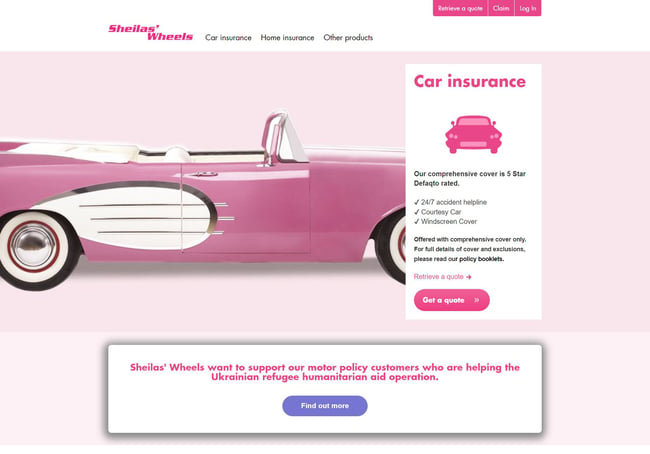 Sheilas’ Wheels leans into its femininity with a strong pink color scheme including pink backgrounds, pink banner CTAs, and icons.