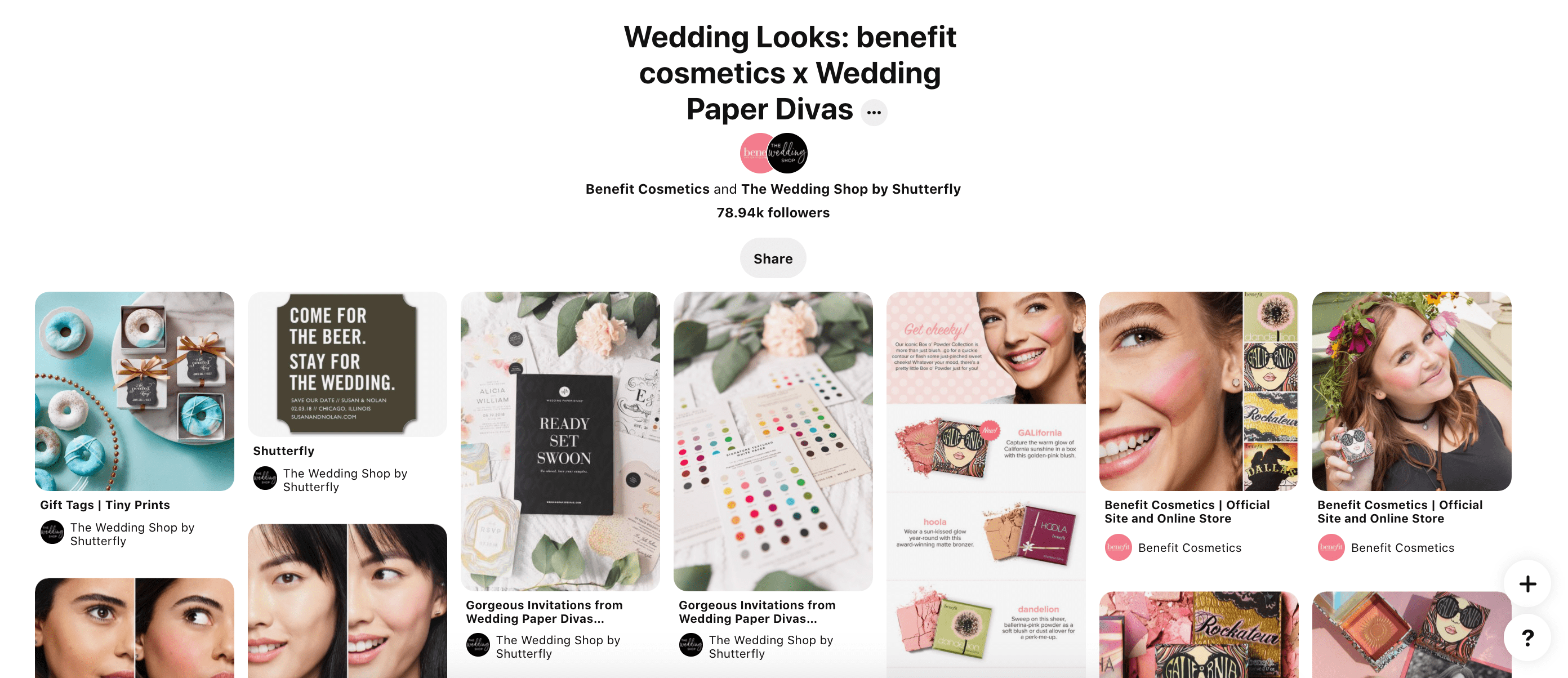 A Pinterest page that showcases a partnership between benefit cosmetics and shutterfly for weddings