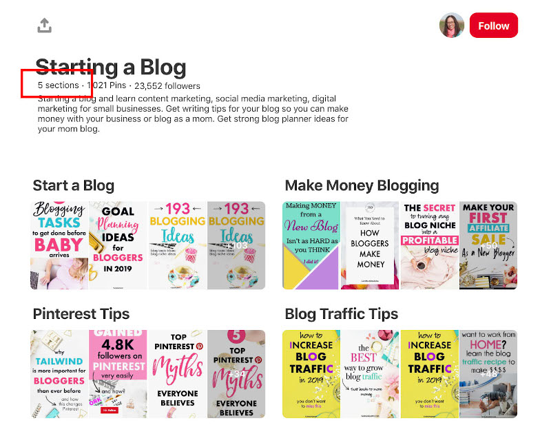 page displaying pinterest sections