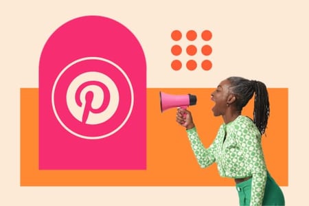Pinterest traffic increase represented by woman with bullhorn and Pinterest logo