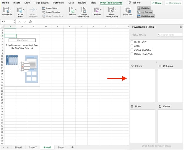 excel spreadsheet with pivottable fields box on right side of screen