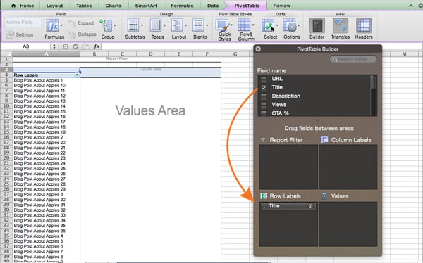 Adding row labels to a pivot table in Excel