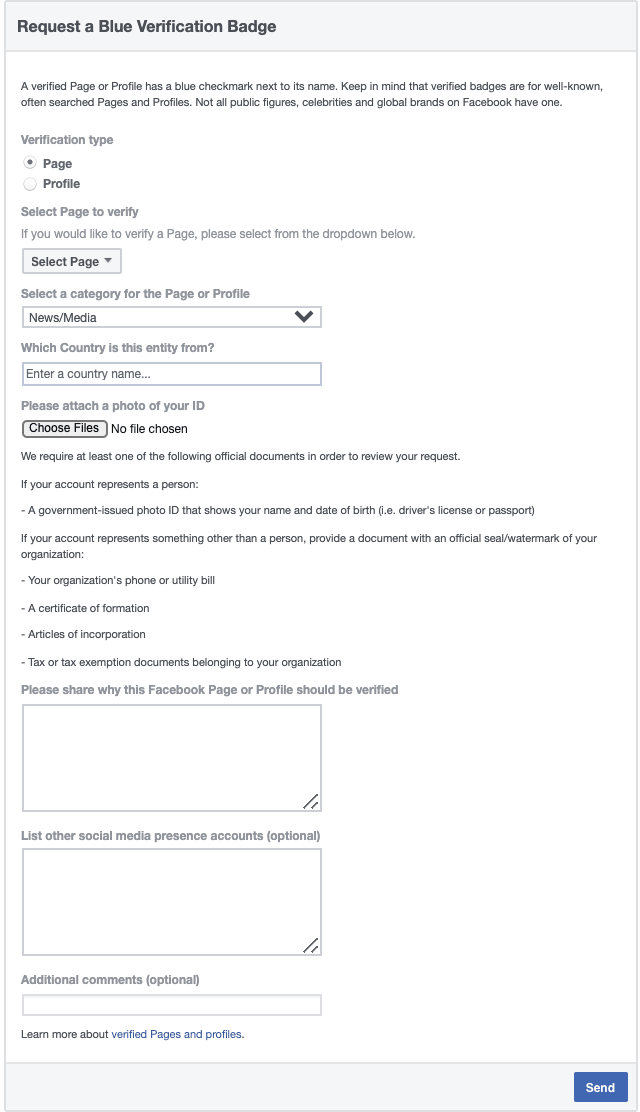 request a blue verification badge empty form on facebook