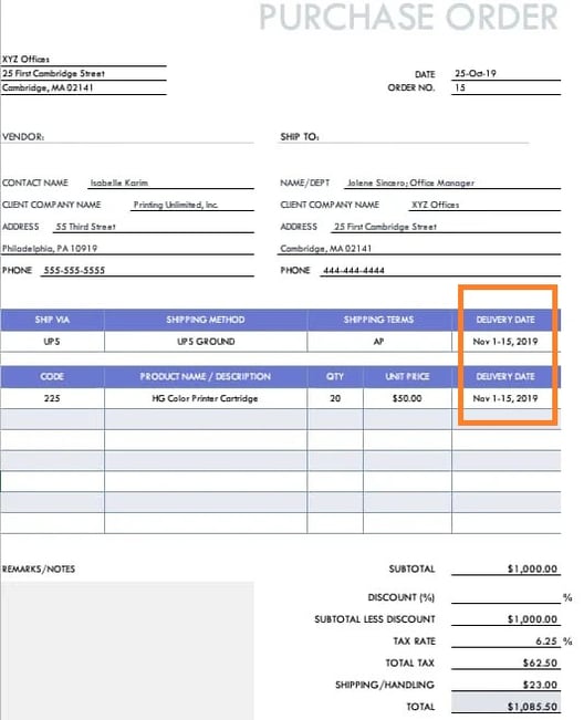 Example of a planned purchase order