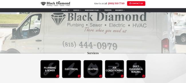 plumbing website example: black diamond plumbing website homepage