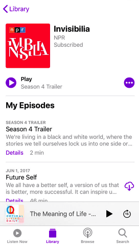 Podcasts mobile app from iTunes for listening to a podcast or audiobook