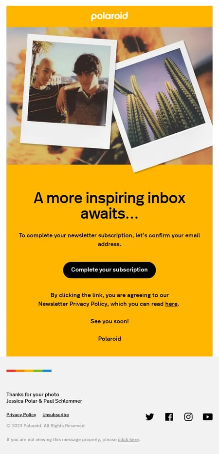 Email opt-in wording example from Polaroid